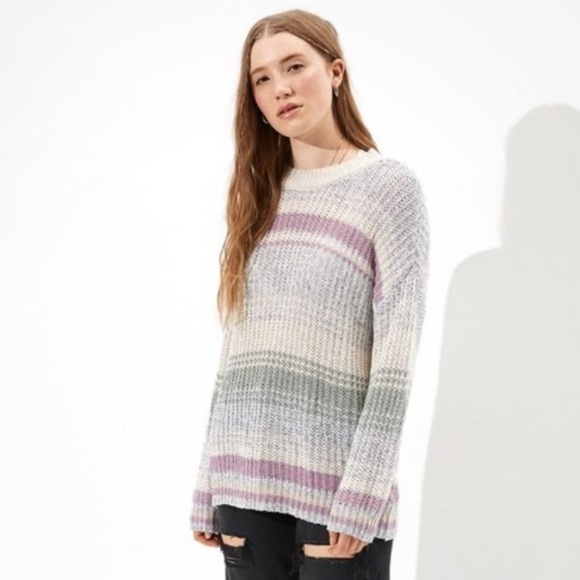 Women’s American Eagle Multi-colored Oversized Striped Crew Neck Sweater Size S - Picture 2 of 9